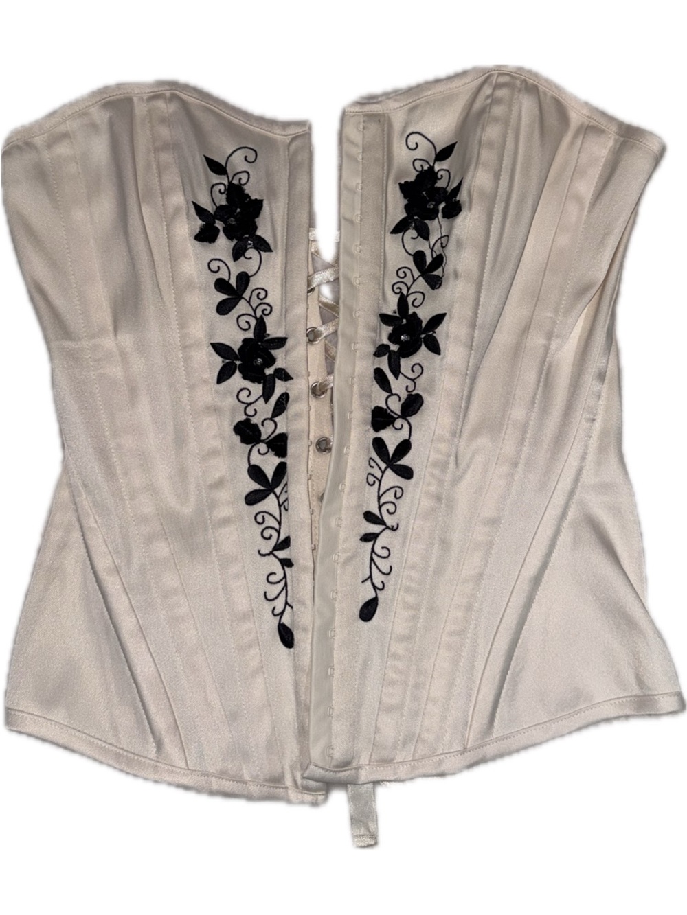 Charlotte Russe Ivory Corset Top with Black Floral Embroidery